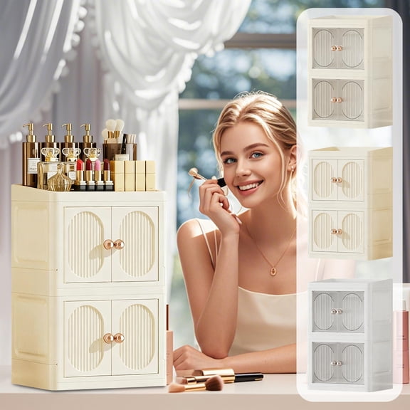 Msgweeeg Makeup Organizer Cosmetic Organizer Foldable Double-Door Skincares Storage Cabinet Desktop Double-Layer Organizer No-Assembly-Required Storage Cabinet for Stationery and Cosmetics