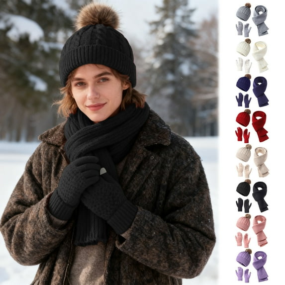 Msgweeeg Mens Ski Gloves Snow Gloves Solid Color Knitted Hat Three-piece Set for Winter Warm and Cold-proof Thick Outdoor Wool Hat Scarf Gloves Set