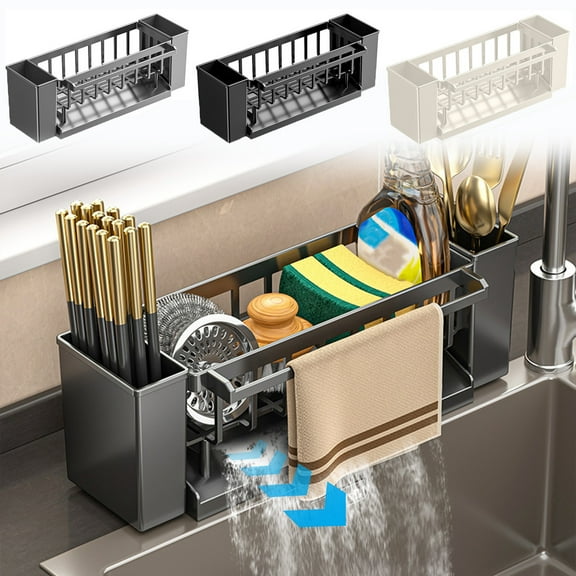 Msgweeeg Multi Purpose Drainsbasket Fruit Cleaning Bowl Sponge Kitchen Sink Caddy Organizer Brush Sink Sponge with Auto Draining Tray