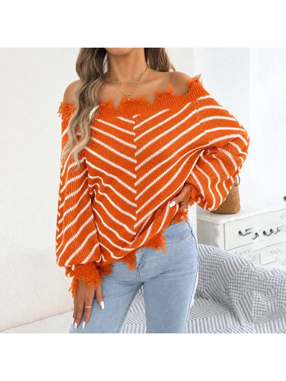 Off Shoulder Sweater Women's Off Shoulder Striped Sweater Fringe Trim Long Sleeve Knit Pullover