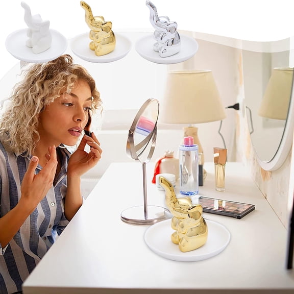 Msgweeeg Office Desk Decor Office Decor for Women White Plates Small Elephants Jewelry Tray White Elephants Ceramic Stereo Decorative Plates Ring Tray Ornament