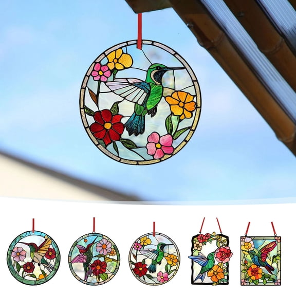 Msgweeeg Outdoor Hanging Decor Stained Glass Hummingbird Window Hanging Ornament Sun Catcher Pendant One Day Delivery Colorful Bird Art Panel Home Garden Decoration Light Reflecting Gift