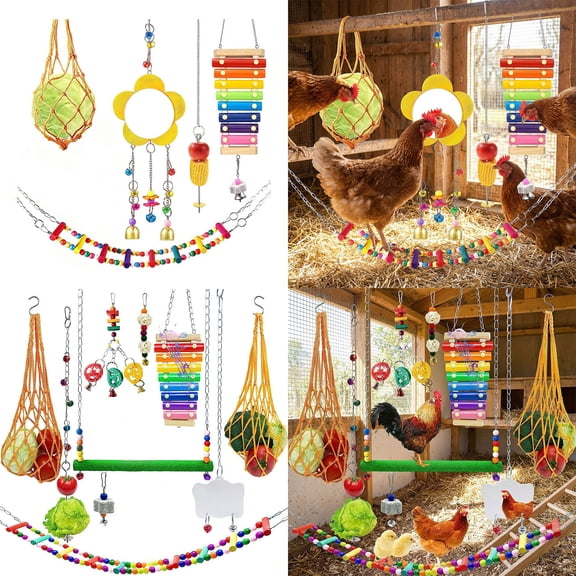 Msgweeeg Parakeet Toys Parrot Toys Chicken Cages and Birds Cages Accessories Set Multi Function Birds Toys Kit with foraging Net Ladder Mirror Fruit Vegetables Skewer Wooden Xylophone
