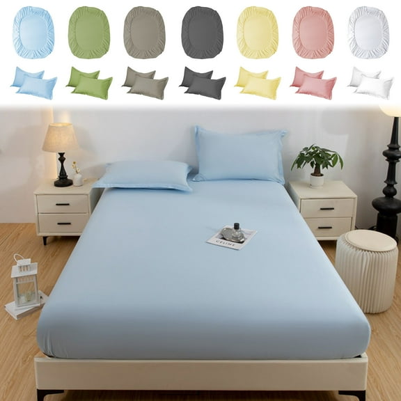 Msgweeeg Pillowcase Fitted Sheets Solid Color Washed Fitted Sheet Piece Mattress Pad Ash Proof Protective Cover Bed Sheet Cover