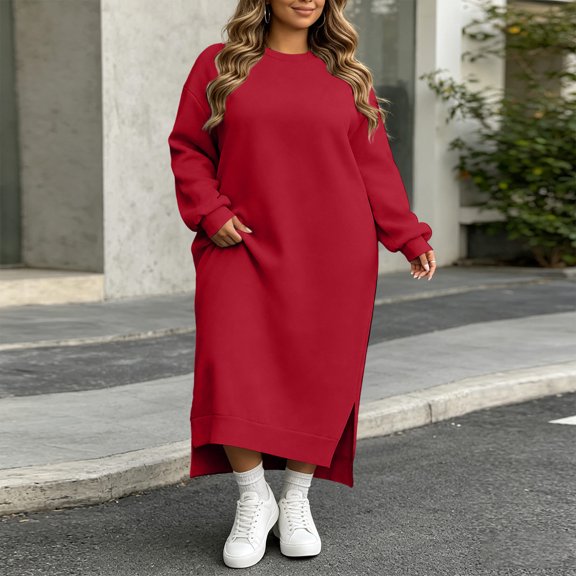 Msgweeeg Plus Size Maxi Dress for Women, Crew Neck Loose Shift Dress with Long Sleeve and Side Split, Casual Flowy Pullover for Fall Autumn