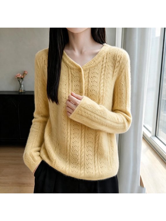 Pointelle Sweater Women's V-Neck Knit Sweater Button Front Pointelle Long Sleeve Pullover