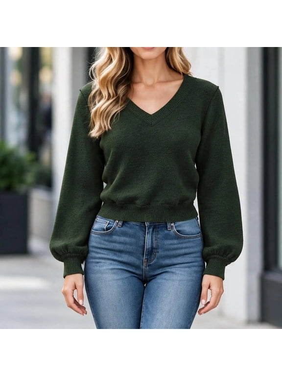 Puff Sleeve Sweater Women's V-Neck Knit Sweater Puff Sleeve Ribbed Hem Long Sleeve Pullover