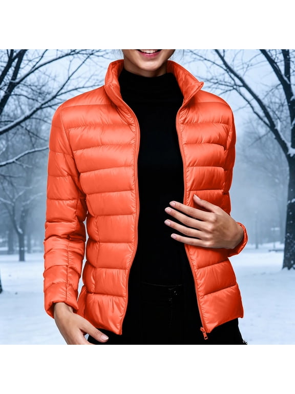 Puffer Jacket Womens Women's Zip-Up Stand Collar Padded Jacket, Casual Long Sleeve Lightweight Coat with Pockets, Packable Winter Outerwear, Sizes XL-5XL