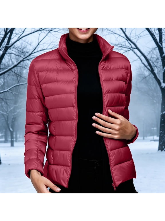 Puffer Jacket Womens Women's Zip-Up Stand Collar Padded Jacket, Casual Long Sleeve Lightweight Coat with Pockets, Packable Winter Outerwear, Sizes XL-5XL