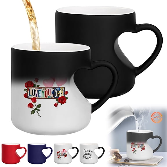 Msgweeeg Romantic Coffee Mug Color Changing Mug Heart Shaped 11oz Ceramic Cup Heat Sensitive Print with Heart Handle Surprise Anniversary Gift for Couples Valentines Day Present Drinkware