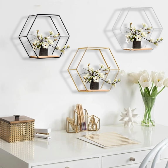Msgweeeg Bathroom Shelves over ToiletWall Mounted Hexagonal Floating Shelves Modern Metal Wall Shelf Simples Wood Partition Storage Shelves Wall Decor Rack For Bedroom Living Room and Office