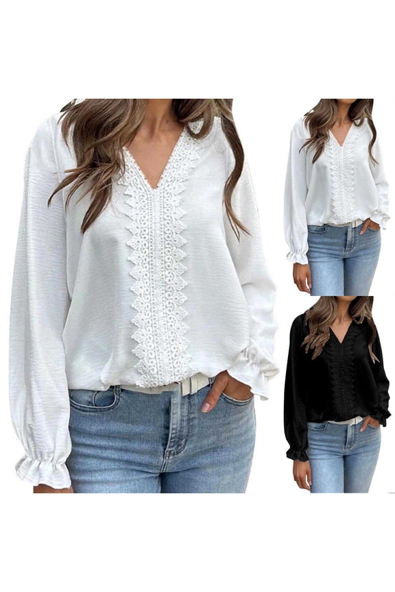 Shirts Women V Neck Ice Silk Wrinkled Lace Patchwork Long Sleeve Top, Solid Elegant Silky Blouse, Soft Smooth Shirt with Lace Accent Detail Womens Top