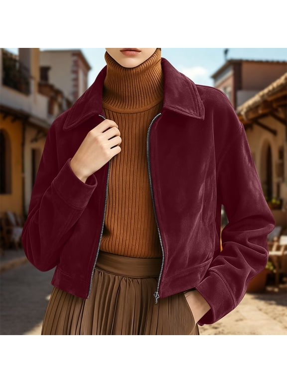 Short Jackets for Women Faux Suede Zip Front Jacket, Solid Long Sleeve Turn Down Collar Short Coat with Side Pockets and Lining, Casual Vintage Style Outerwear