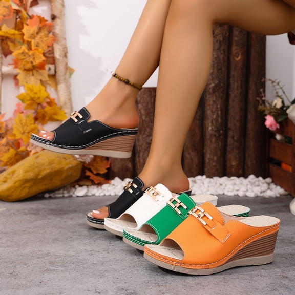 Msgweeeg Slippers Slippers for Women Indoor Women's Versatile Metal Wedge Shoes Plus Size Spring and Summer Style Trendy Thick-Soled Beach Sandals