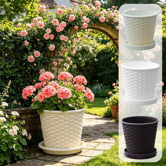 Msgweeeg Small Fake Plants Artificial Plants Imitation Bamboos Woven Texture Round Plastic Flower Pot and Home Decoration Flower Pot Green Plants and Succulents Pot