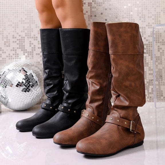 Msgweeeg Snow Boots for Women Boot Women's Fashionable Casual Winter Solid Color Round Toe Flat Mid-Calf Boots