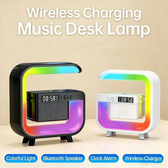 Msgweeeg Speaker Portable Bluetooth Speakers Bluetooth Speaker with Wireless Charger Digital Alarm Clock Colorful Mood Light 3-in-1 Nightstand for Bedroom Home Office Desk Decor