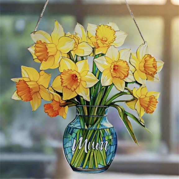 Msgweeeg Stained Glass Suncatcher – Beautiful Vase-Shaped Hanging Flower Ornament, Window Decoration for Home or Office, Captures Sunlight to Create and Cheerful Ambiance