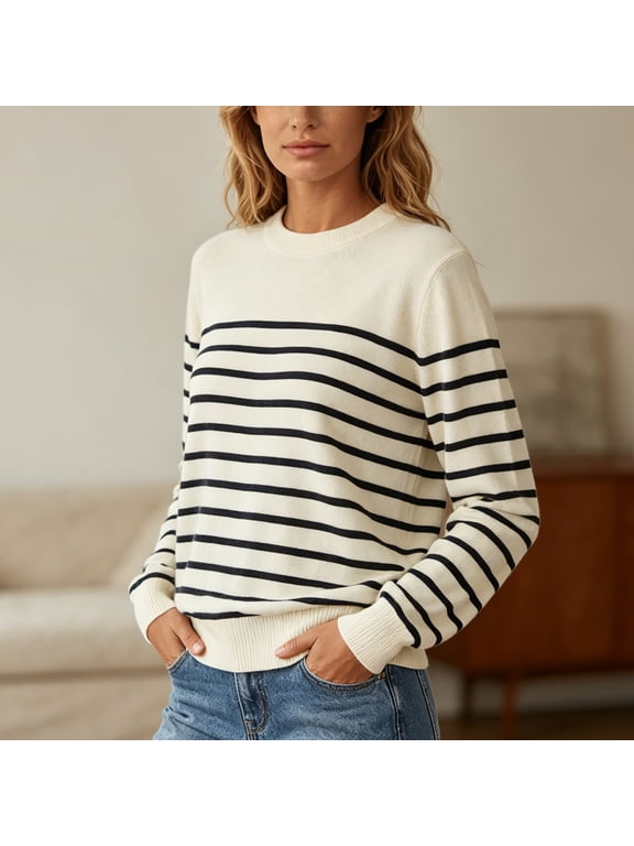 Striped Sweater Women's Striped Sweater Crewneck Long Sleeve Knit Pullover Top