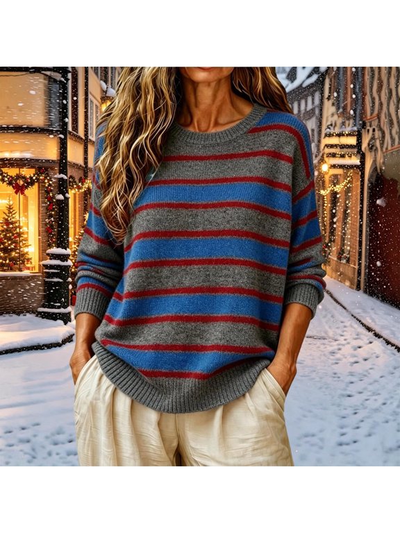 Striped Sweater Women's Striped Sweater Crewneck Long Sleeve Loose Knit Pullover Top