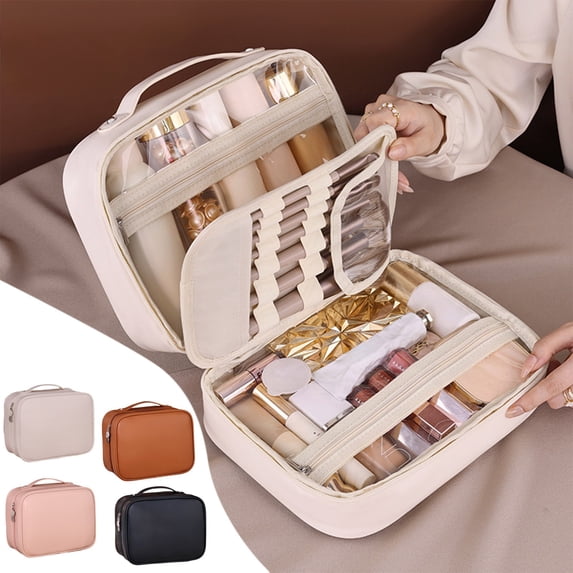 Msgweeeg Toiletries Bag Toiletry Travel Bag Three-In-One Multi-Functional Zoned Storage Polyurethane Cosmetic Bag Large Capacity Advanced Feeling Portable Handheld Makeup Brush Storage Bag