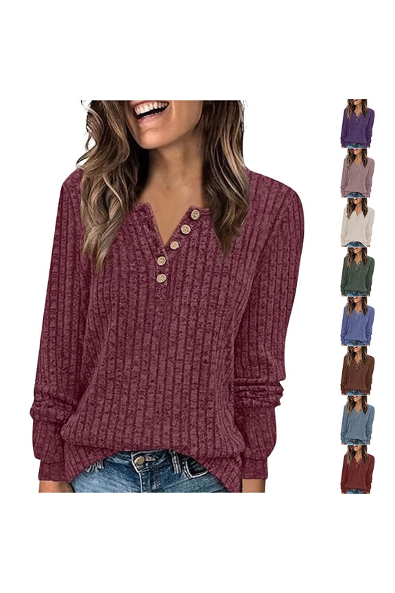 Tops Women V Neck Brushed Button Placket Long Sleeve Top, Solid Ribbed Cozy Pullover, Soft Warm Shirt with Button Front Clothes Women