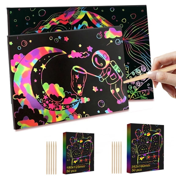 Msgweeeg Toys for 3 Year Old Girl Scratch Paper Art Set 50 Pcs Scratch Paper for Kids Scratch Off Art Crafts Kits Notes with 5 Wooden for Girls Boys Toy Gifts for 5 Year Old Boy