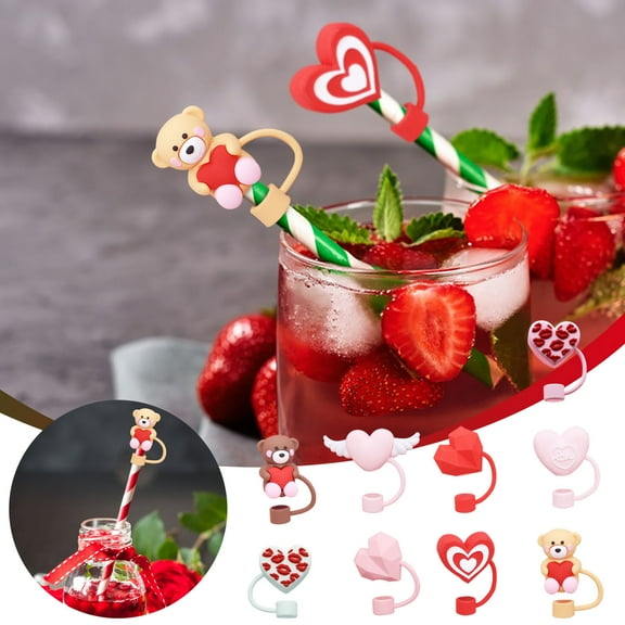 Msgweeeg Valentine's Day Straw Toppers Straw Stoppers Decorative Drink Straw Charms Reusable Silicone Straw Caps for Party Tumblers Cups Love Heart Themed Straw Accessories Valentine