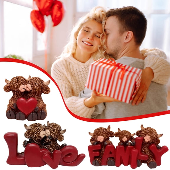Msgweeeg Valentine's Day Valentines Gifts Valentines Highlands Cow Loves Heart Figurine Resin Cow Couple Home Decorations Family and Sweethearts Symbols