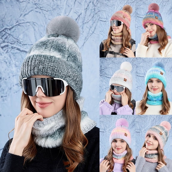 Msgweeeg Winter Beanie Gaiter Women's Winter Warm Hat Scarf Two-piece Set Plus Velvet Thick Gradient Color Knitted Wool Hat Fashionable All-match Pullover Hat for Snow Activitiesand Skiing