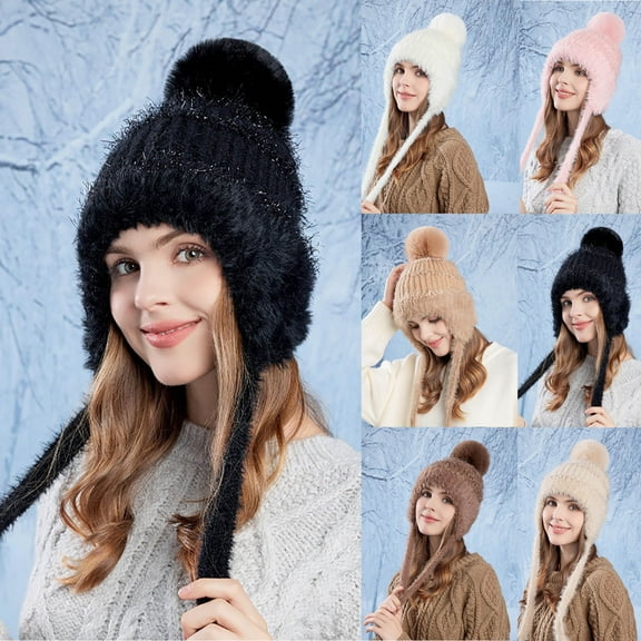 Msgweeeg Winter Beanie Winter Hat Women Women's Winter Outdoor Cold Protection Warm Large Head Circumference Plus Velvet Ear Protection Fashionable Knitted Wool Hat