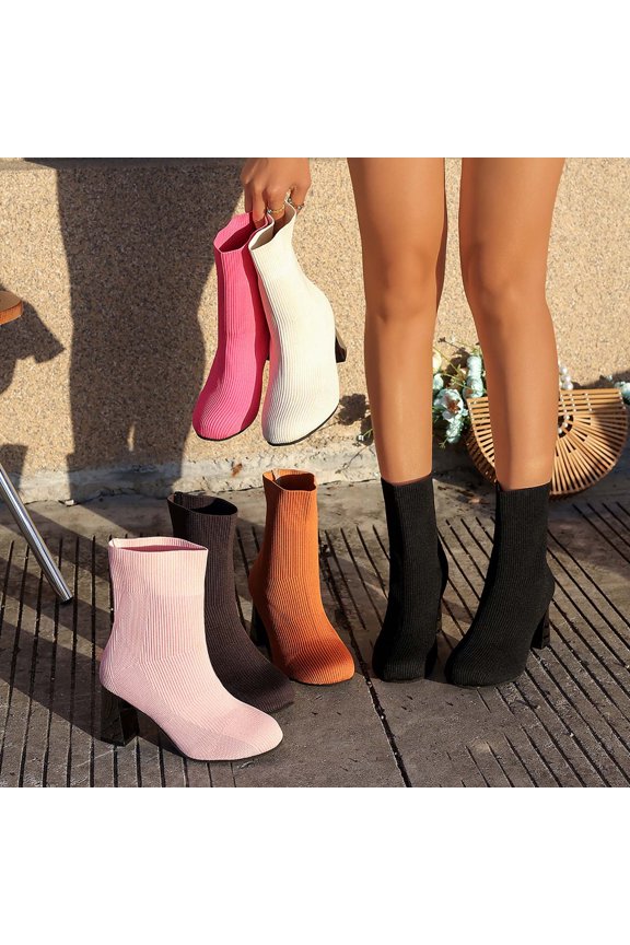 Womens Ankle Boots Women Boots Women Fashionable Casual and Winter Item Solid Color Fly Woven Elastic Knitted Toe Thick Heel High-Heeled Mid Heeled Boots