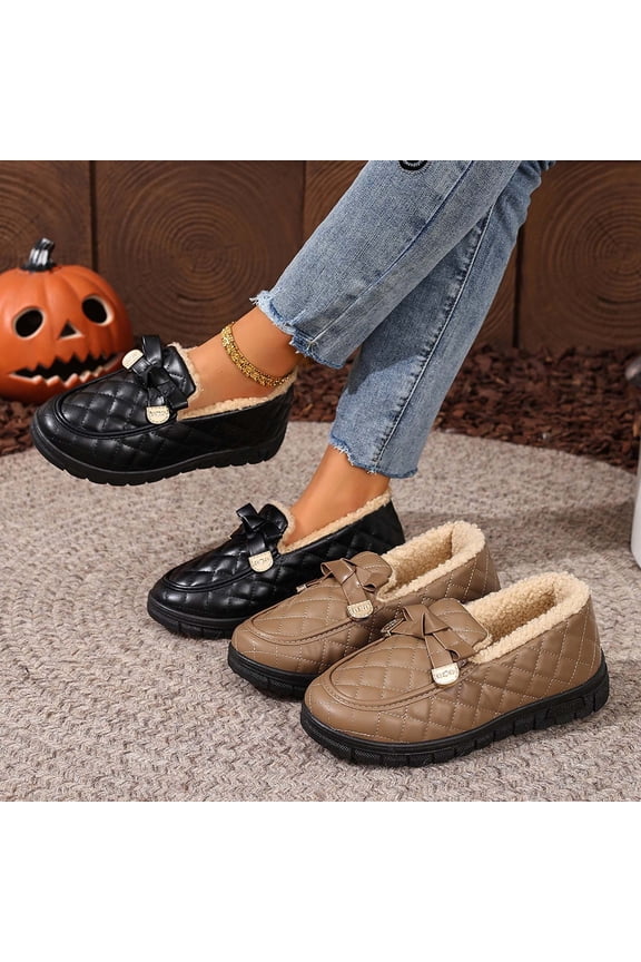 Womens Boots Ankle Womens Boots Women's Casual Versatile Cool British Style Bow Loafers Round Toe Shoes Fall and Winter Style Comfortable High-End Fleece-Lined Warm.
