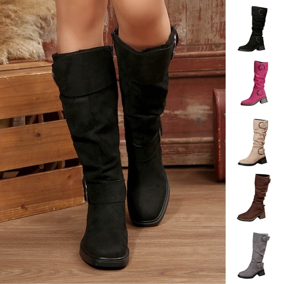 Msgweeeg Womens Boots Boots for Women Women's Fashionable Casual Versatile Style Multi-Color Buckle Boots Fall and Winter Trendy Heel Textured Long Boots