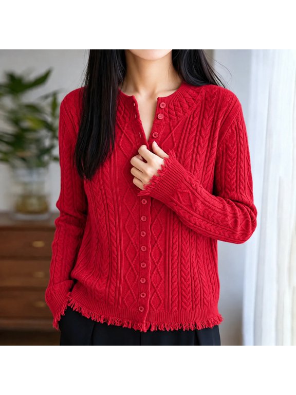 Womens Cardigan Women's Cable Knit Cardigan Button Down Fringe Hem Long Sleeve Sweater Top