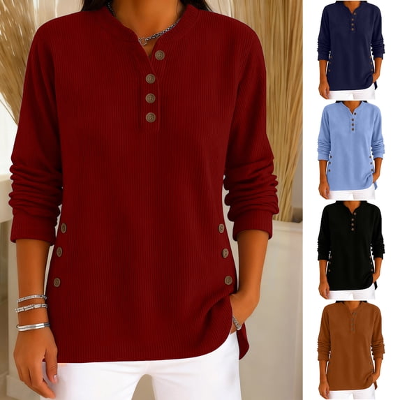 Msgweeeg Womens Dressy Blouses Womens Fall Fashion 2026 Button Down V Neck Long Sleeve Womens Shirts Casual Solid Color Corduroy Loose Fit Casual Blouses for Women