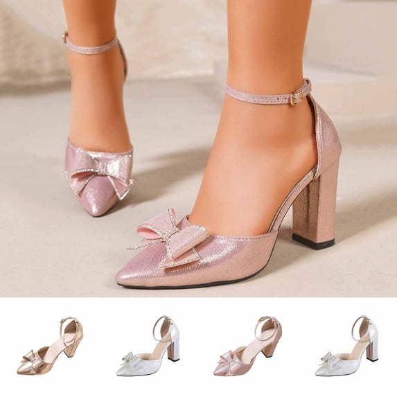 Msgweeeg Womens Heels Women's Shoes Women Sandals Women's Fashionable Casual Comfortable Plus Size Solid Color Bow Rhinestone Sequined Pointed Toe Heel High Heels for Work & Office