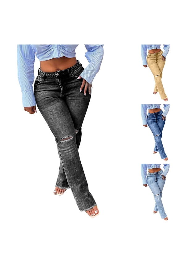 Womens Jeans High Waisted Ripped Distressed Cut Off Stretchy Woman Pants Regular Fit Denim Pants for Daily Wear and Weekend Casual