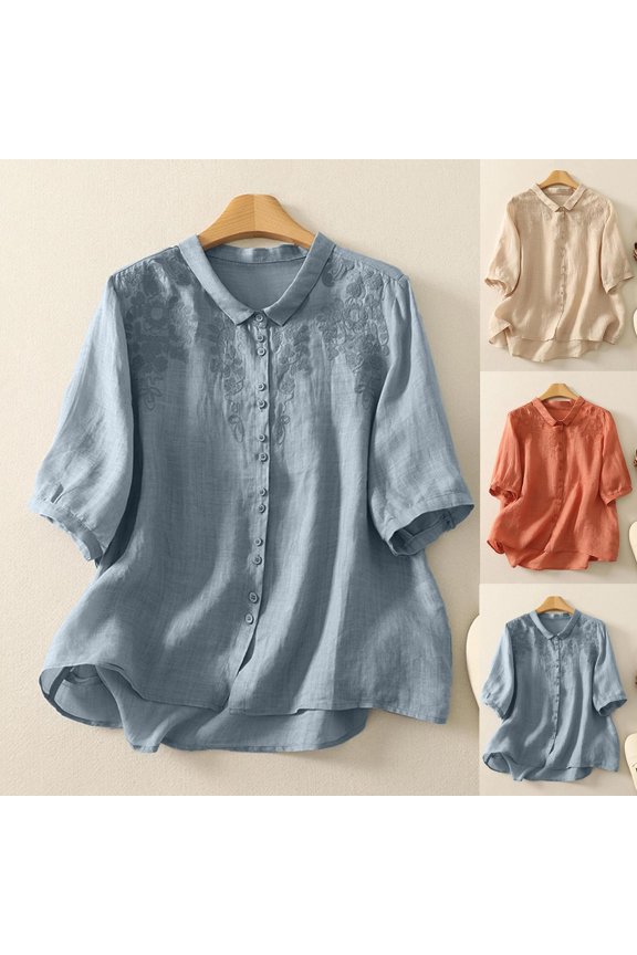 Womens Linen Tops Regular Fit Embroidery Blouses for Women Dressy Casual 3/4 Sleeve Lapel Button Down Clothes M-2XL