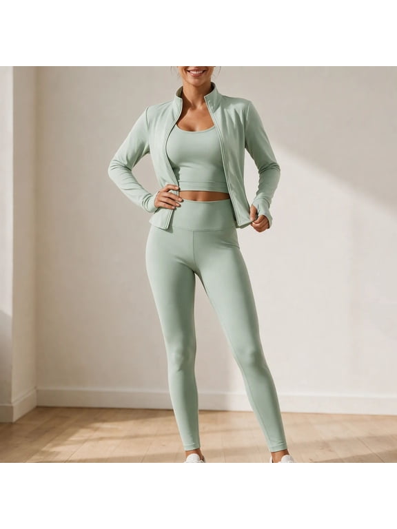 Yoga Set for Women 3 Piece Solid Color Pockets Long Sleeve Workout, Sizes S-Xxl