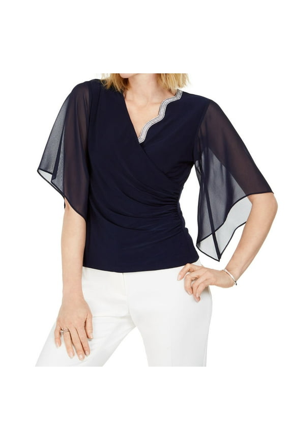 Embellished Chiffon Sleeve Top Womens,Navy/Blue,Medium