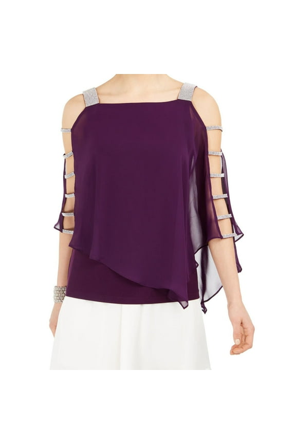Embellished Cold Shoulder Top Womens,Plum Purple/Silver,Medium