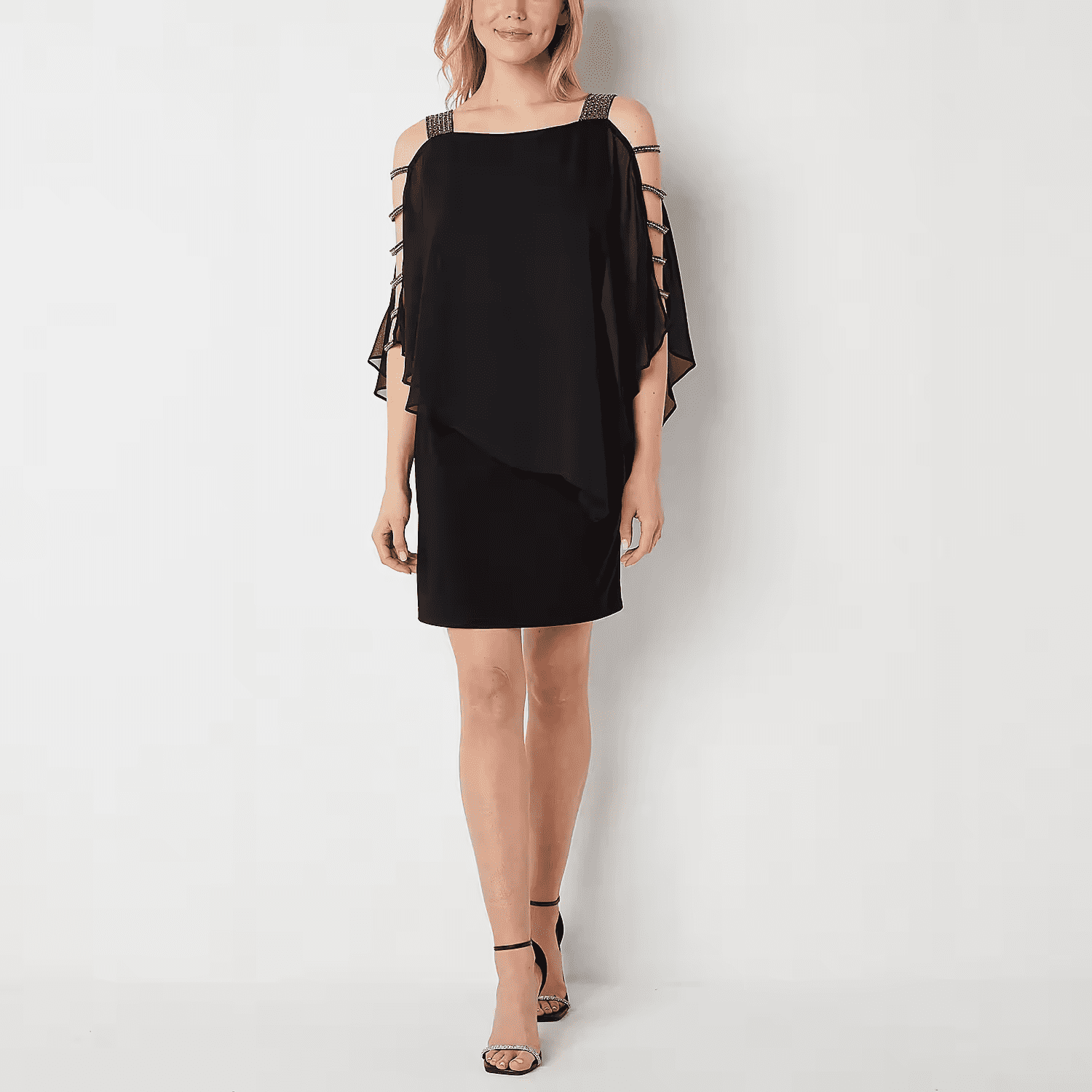 Msk Women s 3 4 Sleeve Embellished Cape Sheath Dress BLACK GUNMETAL LARGE Walmart