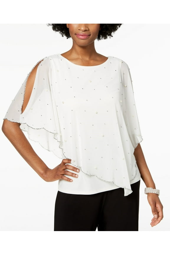 Women's Embellished Asymmetrical Overlay Top White Size Large