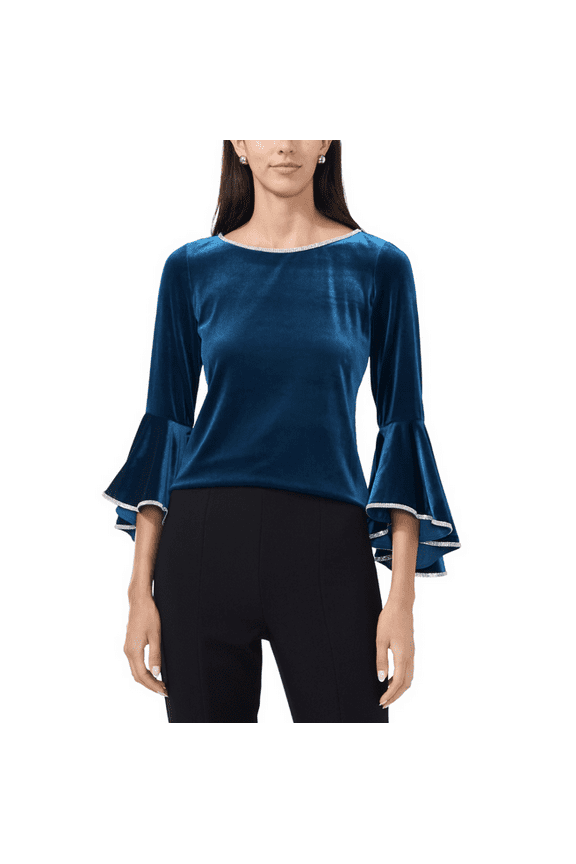 Women's Embellished Velvet Ruffled Bell-Sleeve Top - Navy