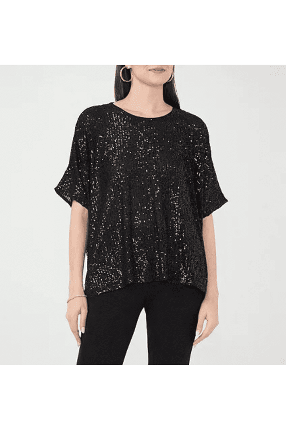 Women's Round-Neck Short-Sleeve Sequined Top - Black