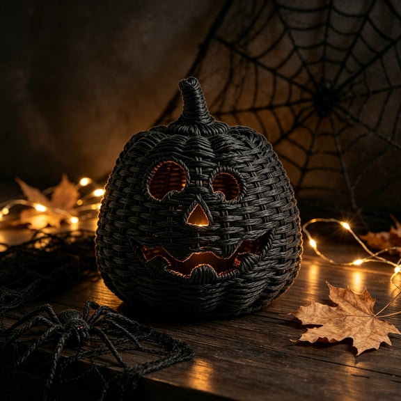 Mskk 10" Black Handwoven Pumpkin Halloween Decoration, Rattan Pumpkin Light Ornament, Halloween Decor for Indoor Tabletop, and Rustic Home Party