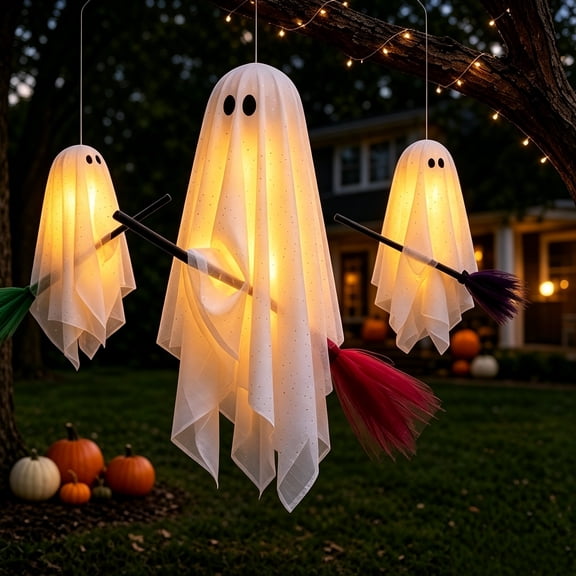 Mskk 3pcs Flying Broom Hanging Ghost Halloween Decor, Glitter Tulle Light Up Witch Ghost Ornament Broom for Tree, Yard, Porch Party Hanging Decor