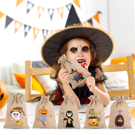 Mskk 6x8 Pcs(48Pcs) Halloween Burlap Drawstring Treat Pouches, Cartoon Character Printed Candy Sacks, Reusable Linen Trick Or Treat Gift Bags For Kids Cosplay Party Halloween Decoration