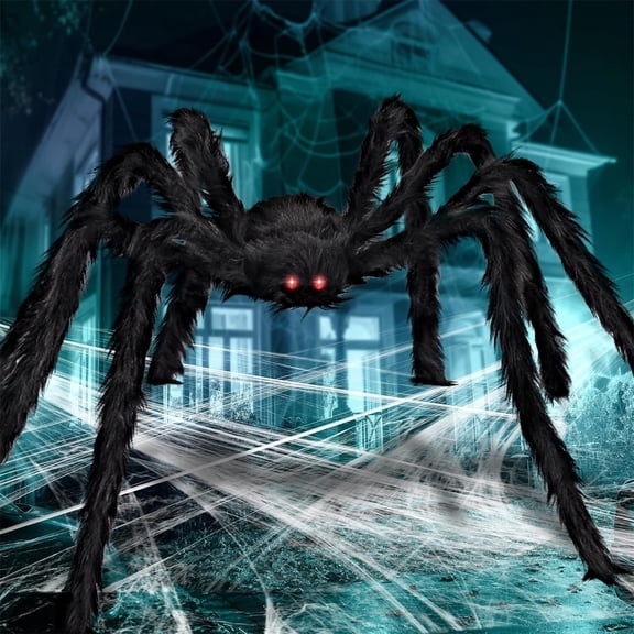 Mskk Black Spider Halloween Decoration, Black Fluffy Giant Plush Spider Prop for Yard, Porch, Wall, Haunted House Outdoor Spooky Scene Supplies